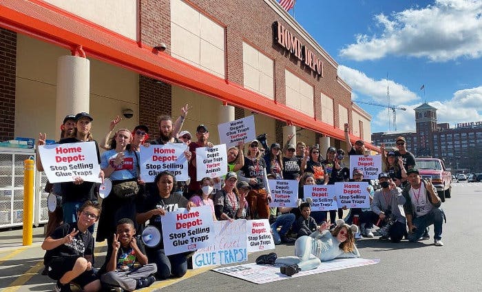 Glue trap protesters outside a Home Depot